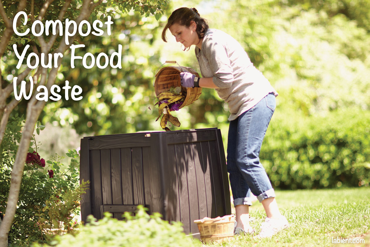 Girl throwing food scraps into a compost bin.